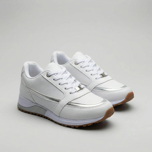 Stylish Platform Sneakers for Women with Round Toe Lace Up Wedge Metallic Stripe Chunky Style