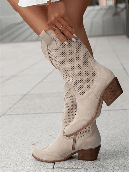 Stylish Suede Cowboy Boots for Women with Perforated Cutout Block Heel Pointed Toe Western Style