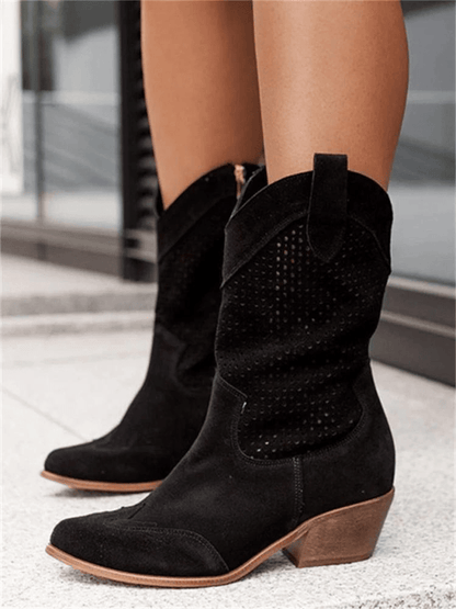 Stylish Suede Cowboy Boots for Women with Perforated Cutout Block Heel Pointed Toe Western Style