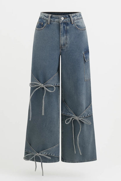 Effortless Blue Wide Leg Jeans for Women with High Waisted Bow Tie Detail Cargo Pocket Relaxed Style