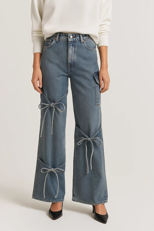 Effortless Blue Wide Leg Jeans for Women with High Waisted Bow Tie Detail Cargo Pocket Relaxed Style