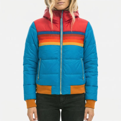 Chic Puffer Jacket for Women with Hooded Collar Long Sleeve Zip Up Colorblock Padded Style