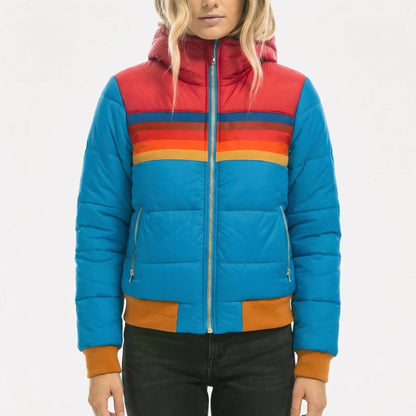 Chic Puffer Jacket for Women with Hooded Collar Long Sleeve Zip Up Colorblock Padded Style