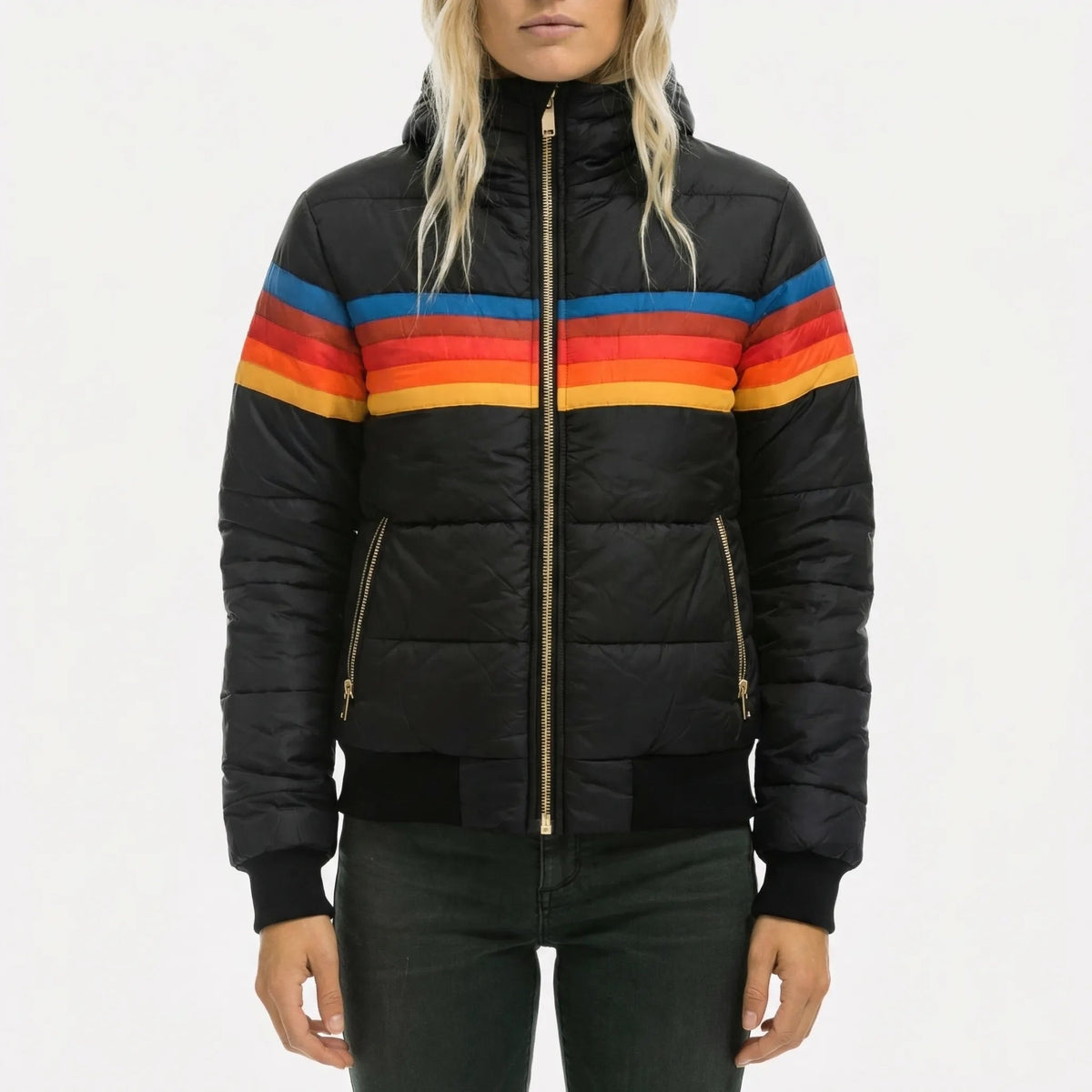 Chic Puffer Jacket for Women with Hooded Collar Long Sleeve Zip Up Colorblock Padded Style