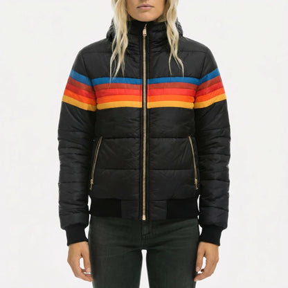 Chic Puffer Jacket for Women with Hooded Collar Long Sleeve Zip Up Colorblock Padded Style