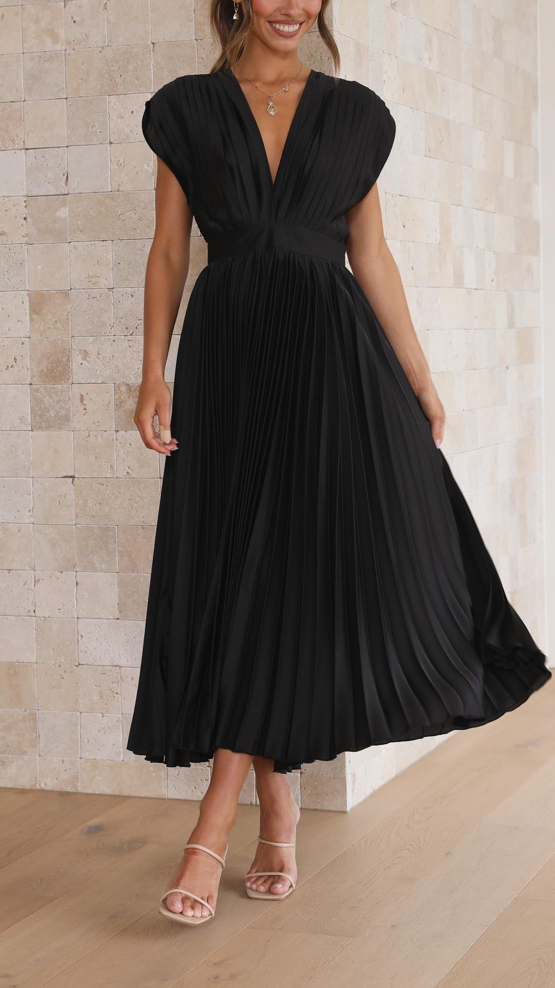 Elegant Pleated Maxi Dress for Women with Deep V-Neck Sleeveless Accordion Pleat Formal Wedding Guest Style