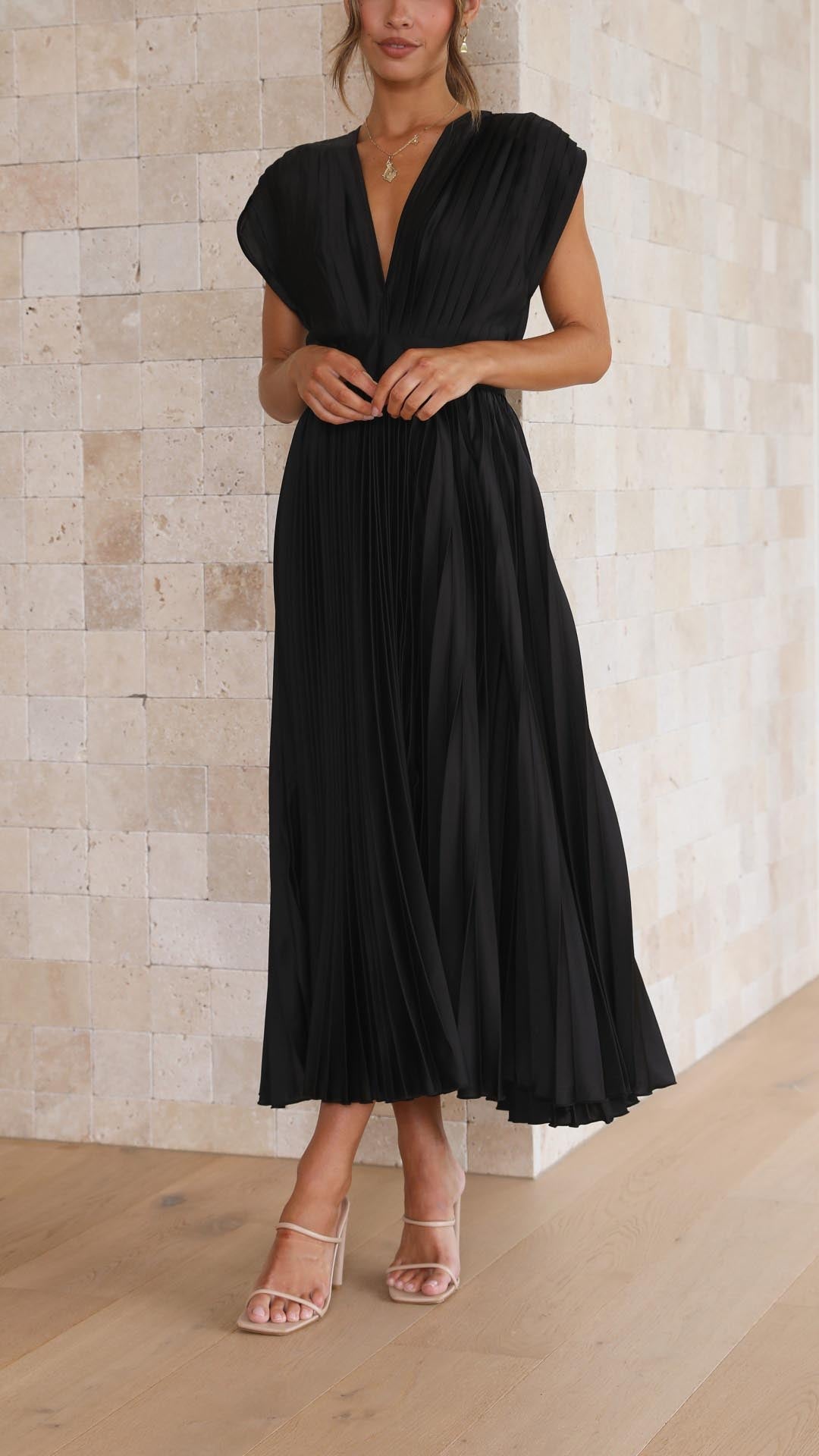 Elegant Pleated Maxi Dress for Women with Deep V-Neck Sleeveless Accordion Pleat Formal Wedding Guest Style
