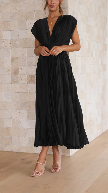 Elegant Pleated Maxi Dress for Women with Deep V-Neck Sleeveless Accordion Pleat Formal Wedding Guest Style