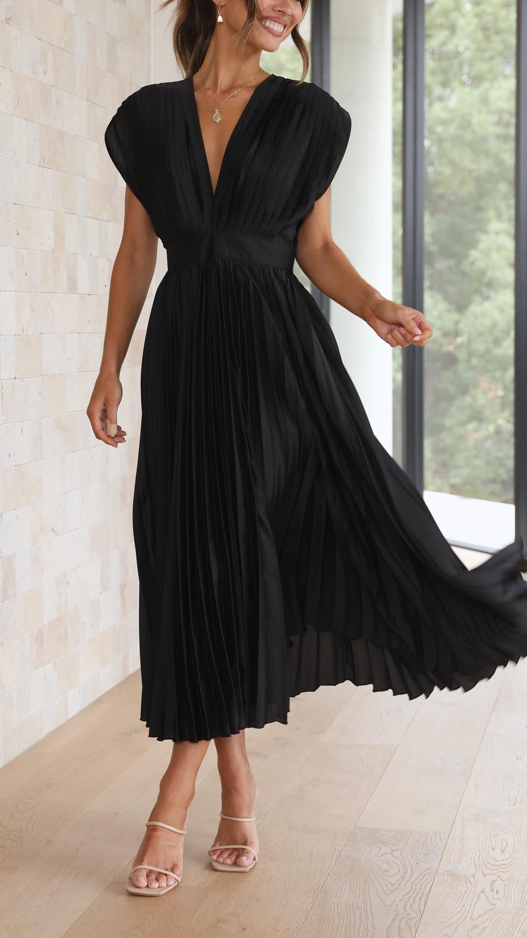 Elegant Pleated Maxi Dress for Women with Deep V-Neck Sleeveless Accordion Pleat Formal Wedding Guest Style