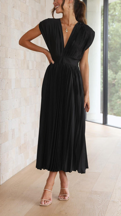 Elegant Pleated Maxi Dress for Women with Deep V-Neck Sleeveless Accordion Pleat Formal Wedding Guest Style