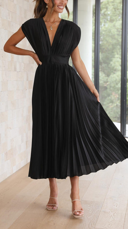 Elegant Pleated Maxi Dress for Women with Deep V-Neck Sleeveless Accordion Pleat Formal Wedding Guest Style