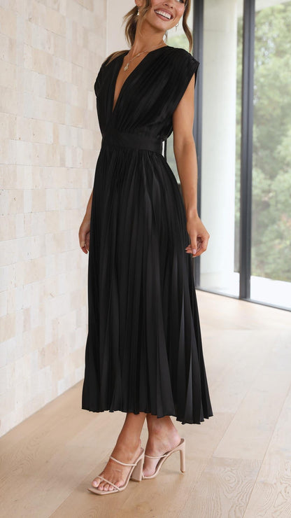 Elegant Pleated Maxi Dress for Women with Deep V-Neck Sleeveless Accordion Pleat Formal Wedding Guest Style