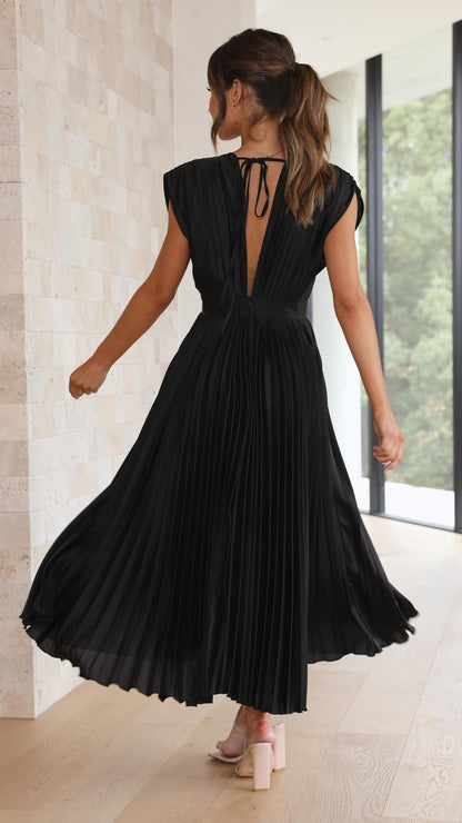 Elegant Pleated Maxi Dress for Women with Deep V-Neck Sleeveless Accordion Pleat Formal Wedding Guest Style