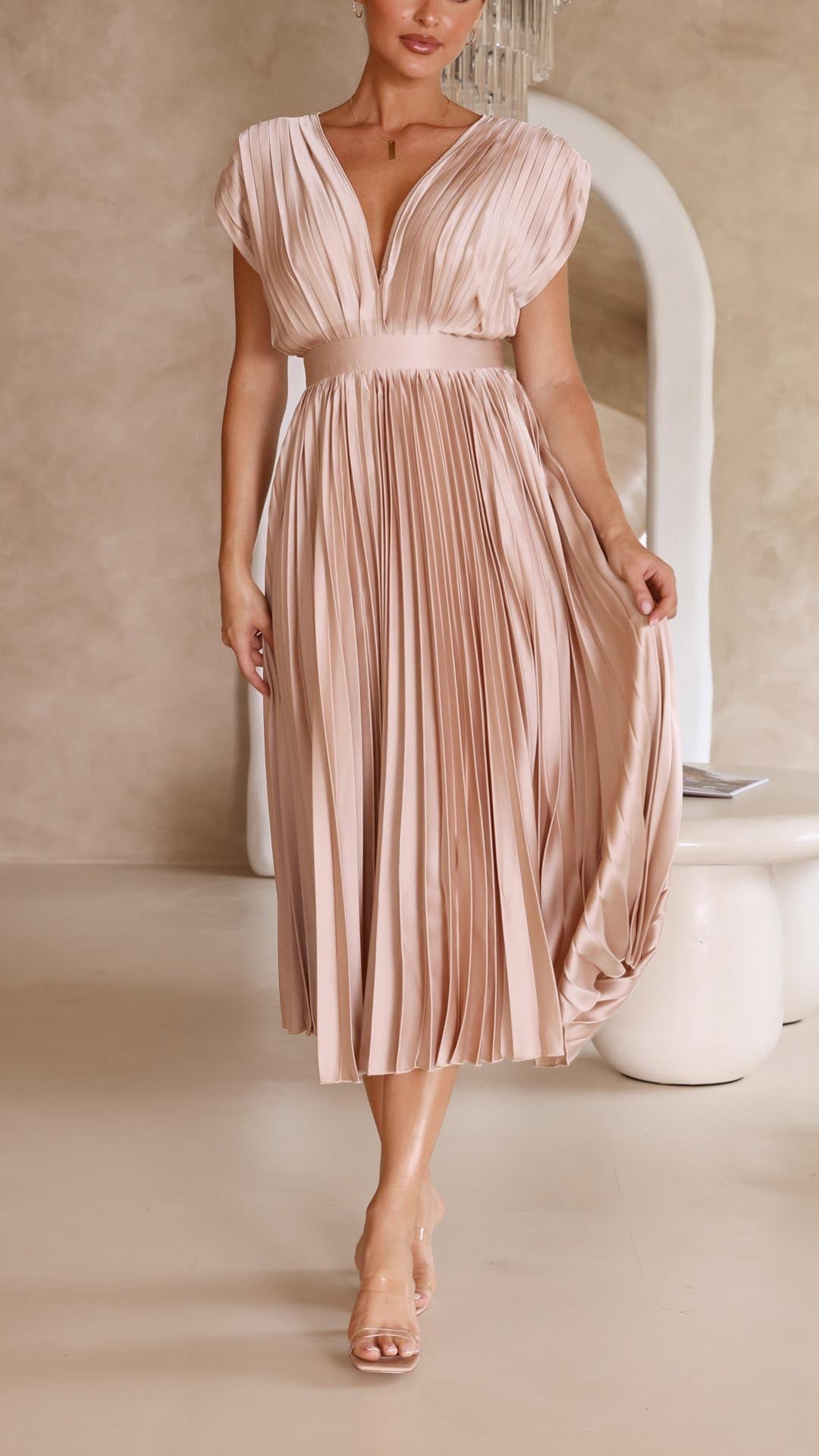 Elegant Pleated Maxi Dress for Women with Deep V-Neck Sleeveless Accordion Pleat Formal Wedding Guest Style