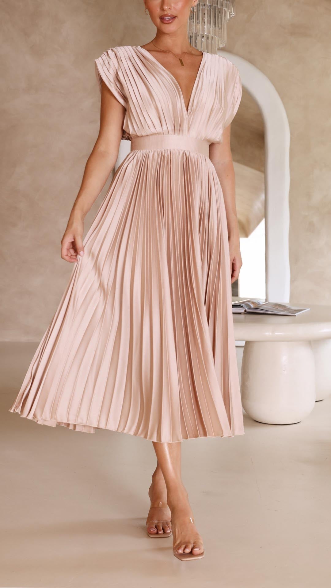 Elegant Pleated Maxi Dress for Women with Deep V-Neck Sleeveless Accordion Pleat Formal Wedding Guest Style