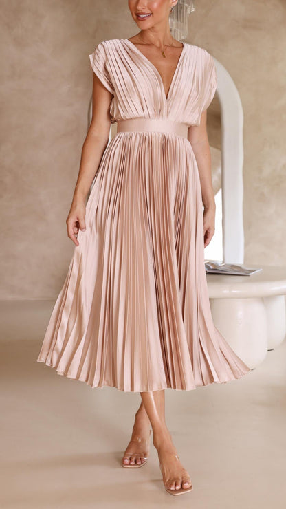 Elegant Pleated Maxi Dress for Women with Deep V-Neck Sleeveless Accordion Pleat Formal Wedding Guest Style
