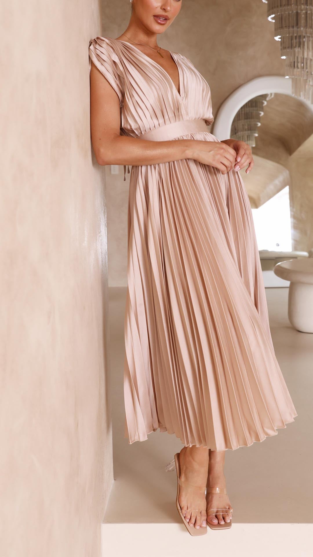 Elegant Pleated Maxi Dress for Women with Deep V-Neck Sleeveless Accordion Pleat Formal Wedding Guest Style