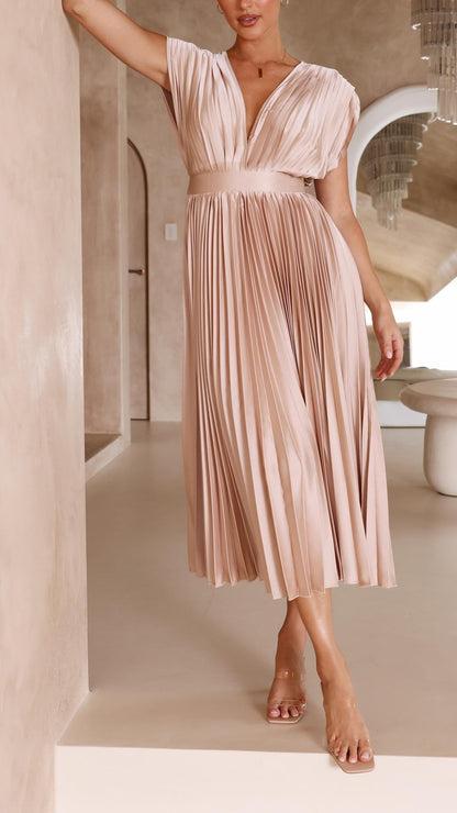 Elegant Pleated Maxi Dress for Women with Deep V-Neck Sleeveless Accordion Pleat Formal Wedding Guest Style