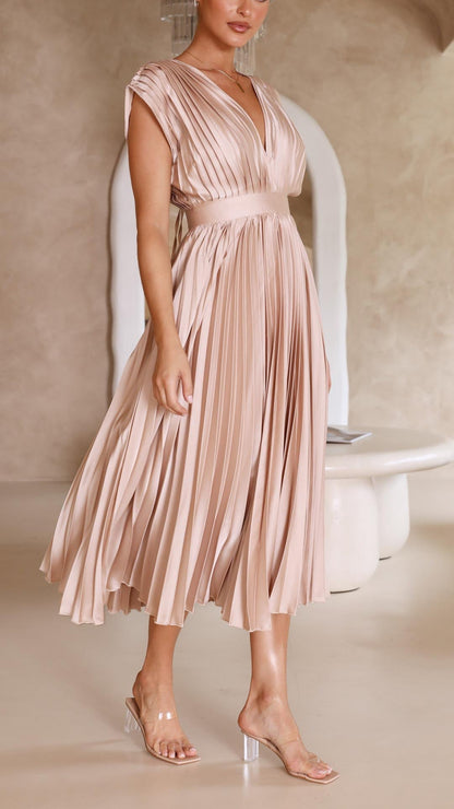 Elegant Pleated Maxi Dress for Women with Deep V-Neck Sleeveless Accordion Pleat Formal Wedding Guest Style