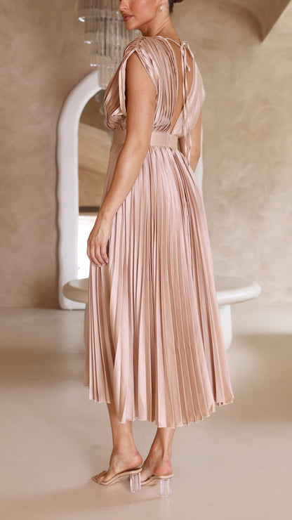 Elegant Pleated Maxi Dress for Women with Deep V-Neck Sleeveless Accordion Pleat Formal Wedding Guest Style