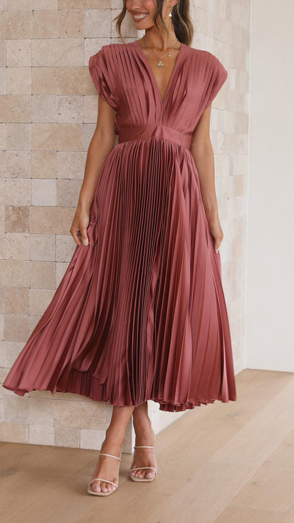 Elegant Pleated Maxi Dress for Women with Deep V-Neck Sleeveless Accordion Pleat Formal Wedding Guest Style
