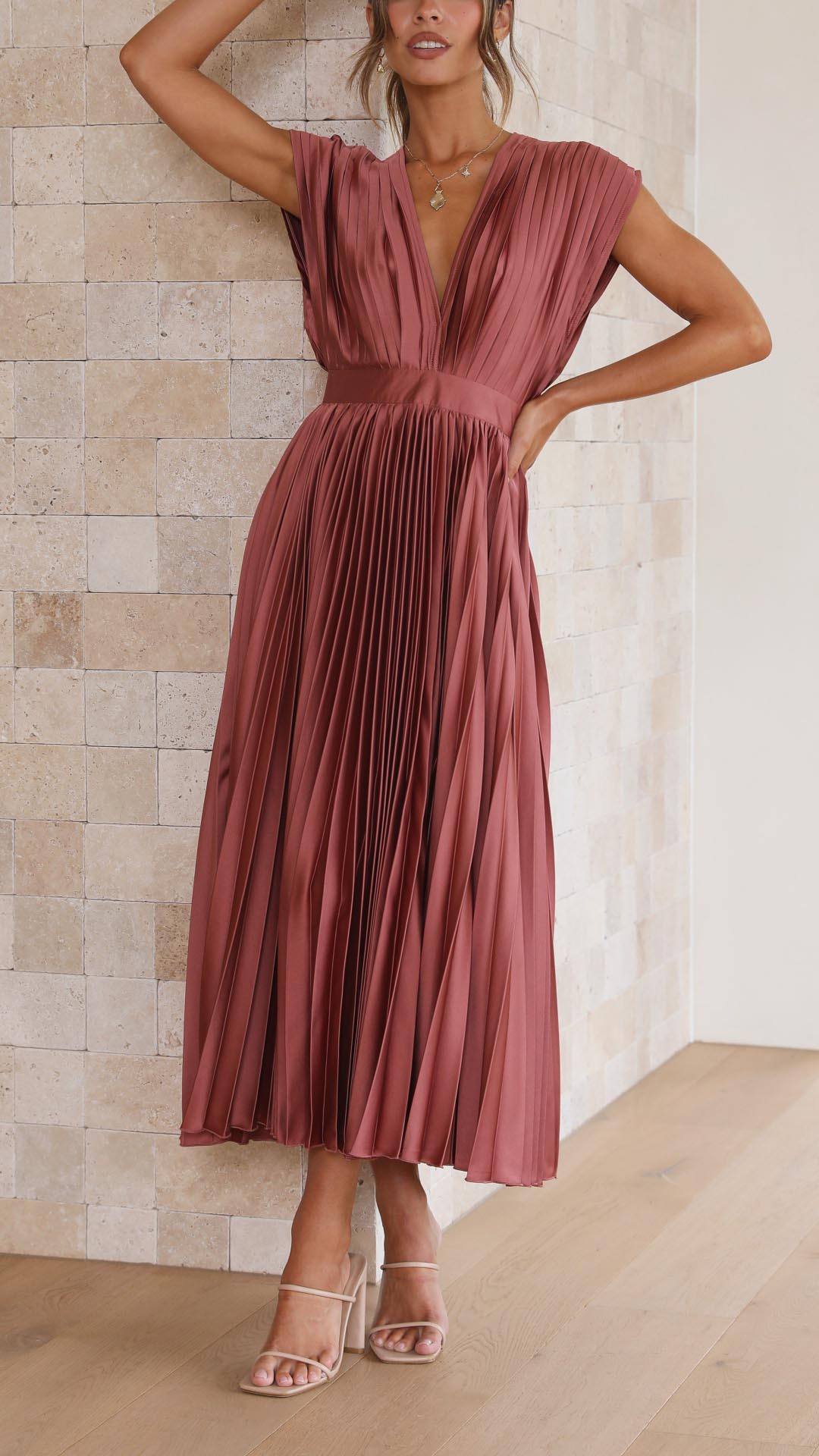 Elegant Pleated Maxi Dress for Women with Deep V-Neck Sleeveless Accordion Pleat Formal Wedding Guest Style