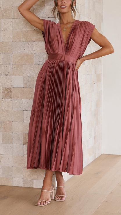 Elegant Pleated Maxi Dress for Women with Deep V-Neck Sleeveless Accordion Pleat Formal Wedding Guest Style