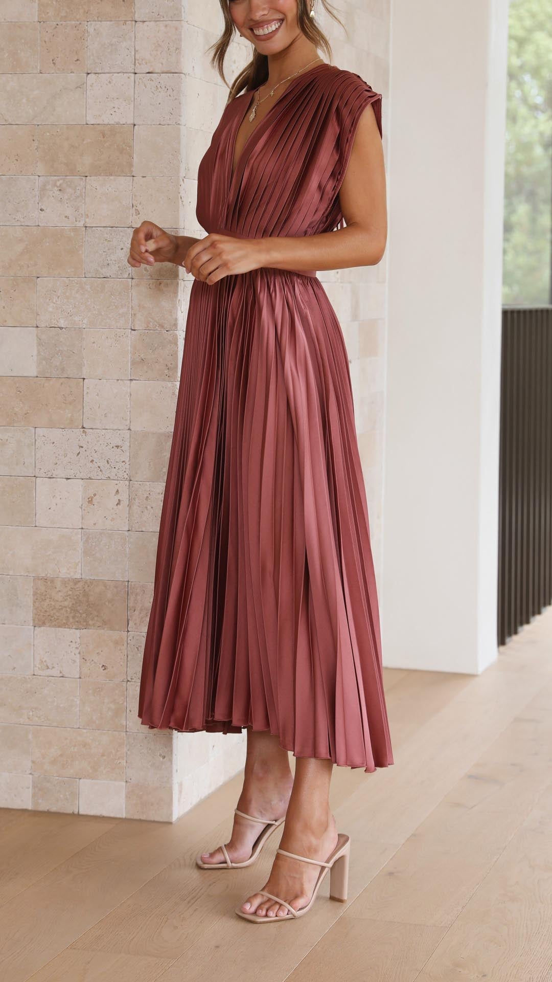 Elegant Pleated Maxi Dress for Women with Deep V-Neck Sleeveless Accordion Pleat Formal Wedding Guest Style