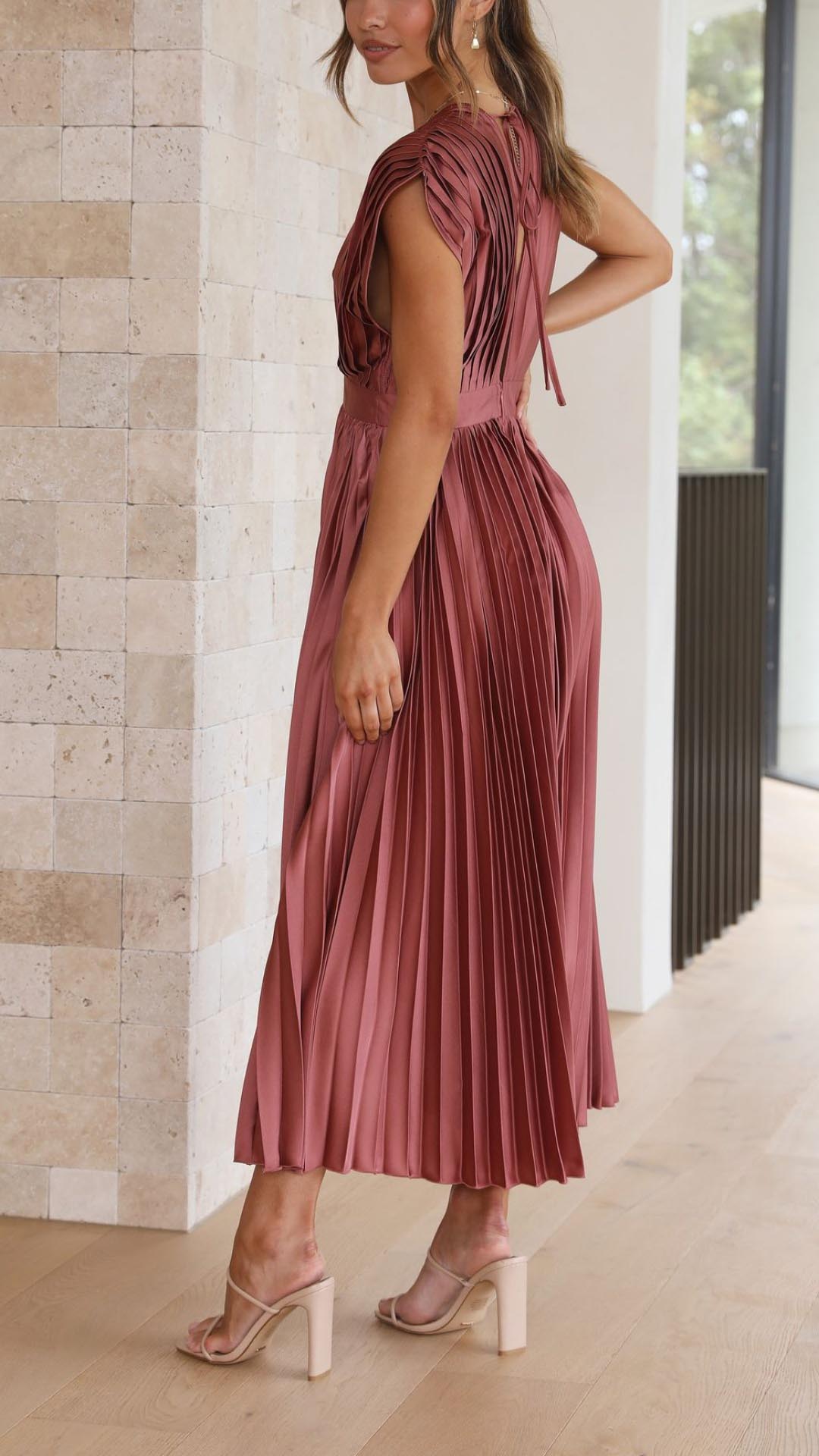Elegant Pleated Maxi Dress for Women with Deep V-Neck Sleeveless Accordion Pleat Formal Wedding Guest Style