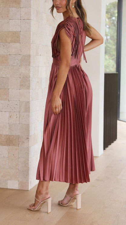Elegant Pleated Maxi Dress for Women with Deep V-Neck Sleeveless Accordion Pleat Formal Wedding Guest Style