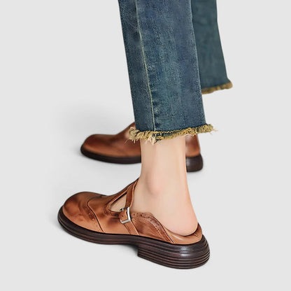 Comfortable Mary Jane Shoes for Women with Round Toe T Strap Brogue Non Slip Flat Style