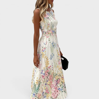 Elegant White Floral Maxi Dress for Women with Round Neck Sleeveless Ruched Waist Autumn Wedding Guest Style