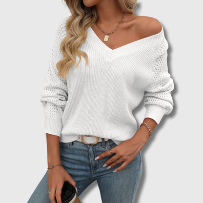 Comfortable Crochet Knit Sweater for Women with V Neck Long Sleeve Relaxed Oversized Style
