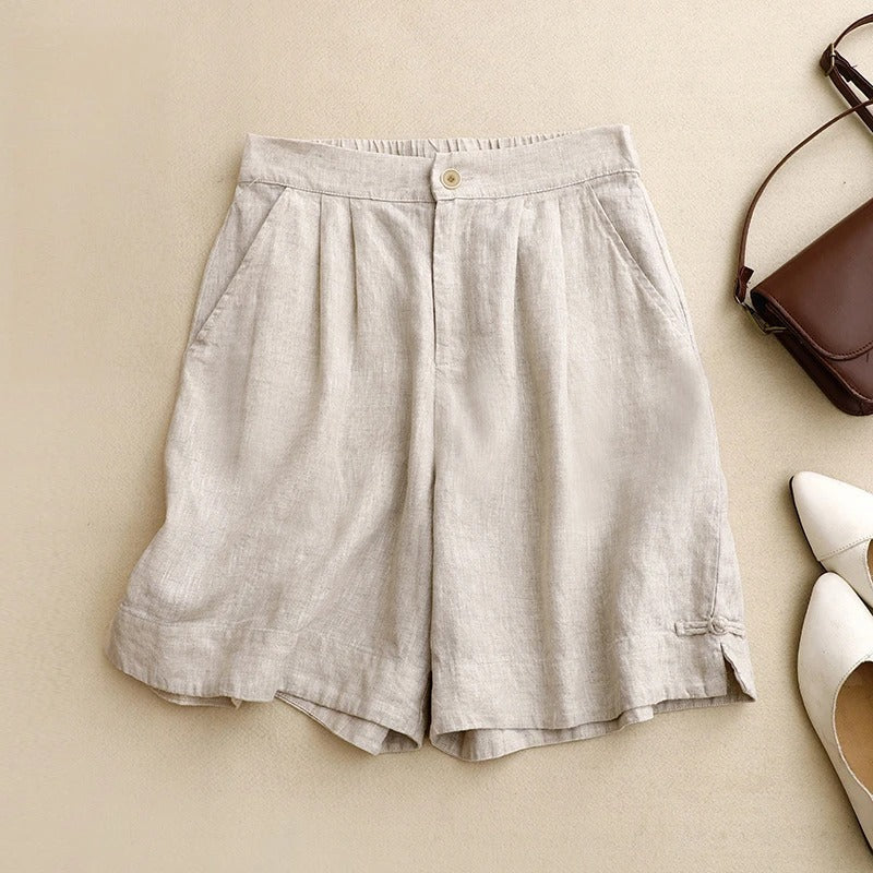 Effortless Linen Wide Leg Bermuda Shorts for Women with High Waist Pleated Button Front Relaxed Casual Style
