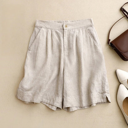 Effortless Linen Wide Leg Bermuda Shorts for Women with High Waist Pleated Button Front Relaxed Casual Style