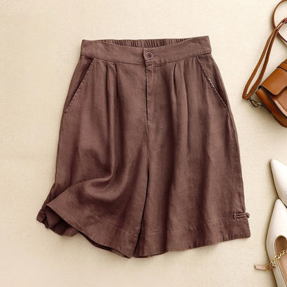 Effortless Linen Wide Leg Bermuda Shorts for Women with High Waist Pleated Button Front Relaxed Casual Style