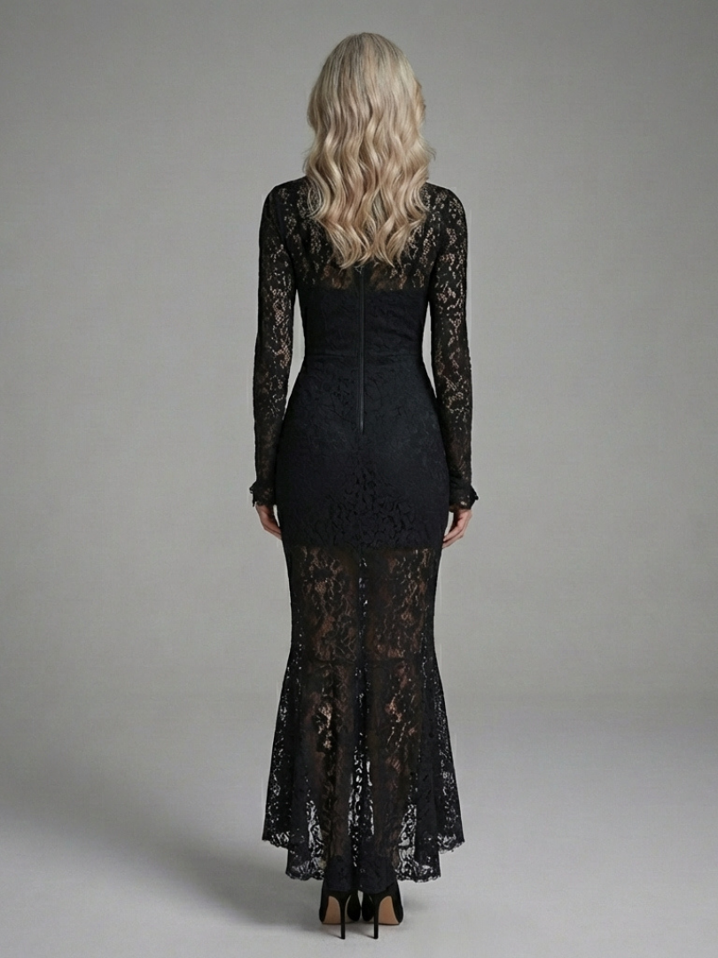 Elegant Black Lace Cocktail Dress for Women with High Neck Long Sleeve Mermaid Hem Formal Style