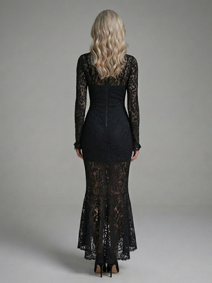 Elegant Black Lace Cocktail Dress for Women with High Neck Long Sleeve Mermaid Hem Formal Style