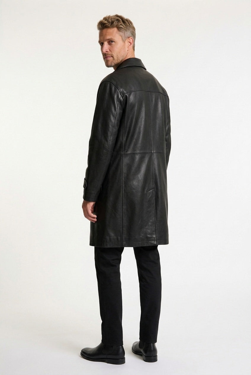 Chic Leather Trench Coat for Men with Notch Lapel Long Sleeve Double Breasted Longline Style