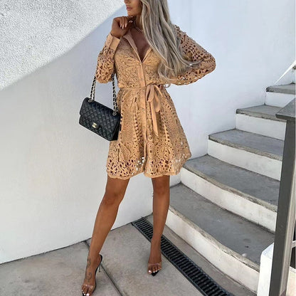 Elegant Crochet Lace Midi Dress for Women with Collar Long Sleeve Button Front Belted Relaxed Style