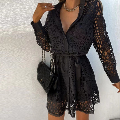 Elegant Crochet Lace Midi Dress for Women with Collar Long Sleeve Button Front Belted Relaxed Style