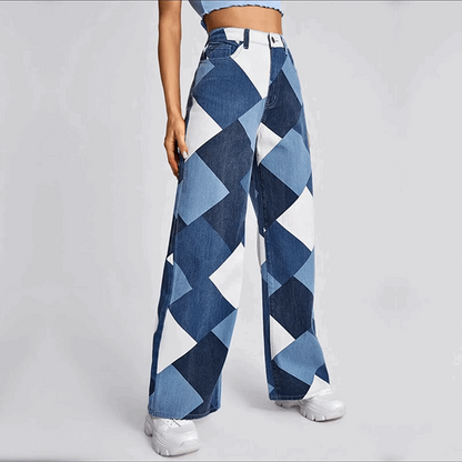 Effortless Blue Colorblock Wide Leg Jeans for Women with High Waist Geometric Print Relaxed Casual Style