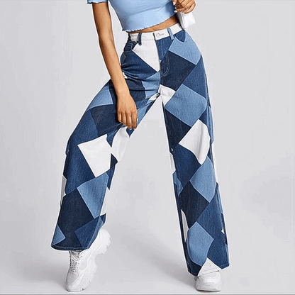 Effortless Blue Colorblock Wide Leg Jeans for Women with High Waist Geometric Print Relaxed Casual Style