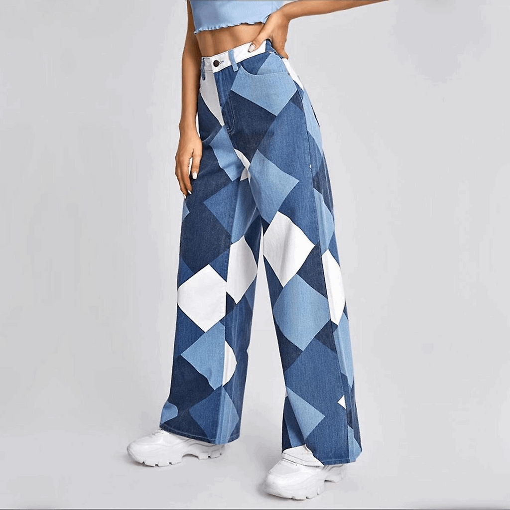 Effortless Blue Colorblock Wide Leg Jeans for Women with High Waist Geometric Print Relaxed Casual Style