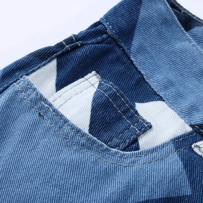 Effortless Blue Colorblock Wide Leg Jeans for Women with High Waist Geometric Print Relaxed Casual Style