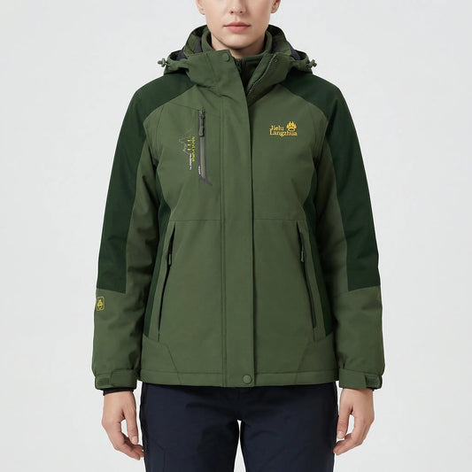 Warm Ski Parka for Women with Hooded Collar Long Sleeve Zip Up Fleece Lined Colorblock Style