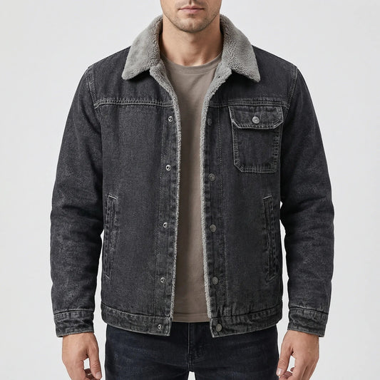 Warm Denim Jacket for Men with Sherpa Collar Long Sleeve Button Up Sherpa Lined Trucker Style