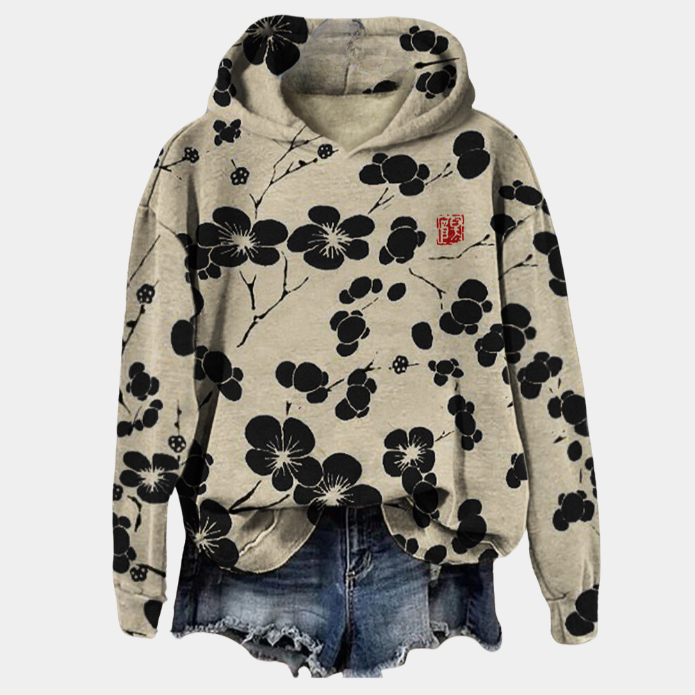 Effortless Floral Print Hoodie for Women with Drawstring Hood Long Sleeve Oversized High Low Hem Relaxed Style