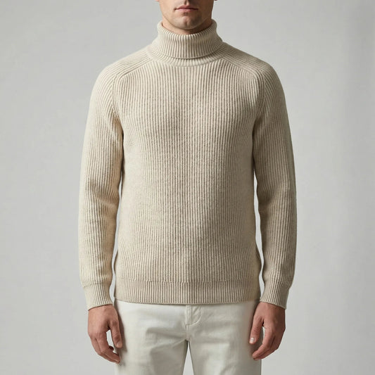 Cozy Ribbed Knit Turtleneck Sweater for Men with Roll Neck Long Sleeve Pullover Winter Style