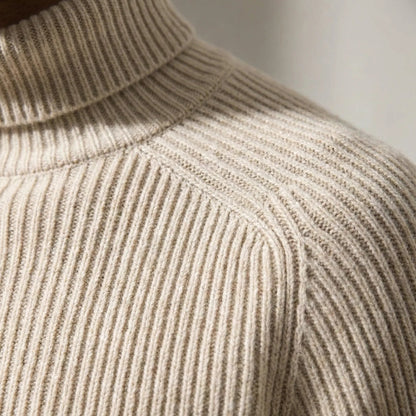 Cozy Ribbed Knit Turtleneck Sweater for Men with Roll Neck Long Sleeve Pullover Winter Style